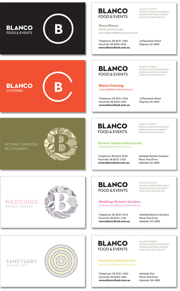 An image of the 5 business cards designed for Blanco.