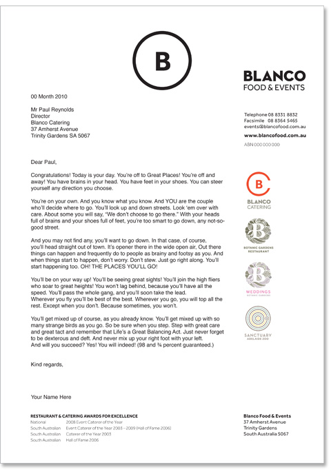 An example of the stationary design done for Blanco. Shows the use of the main Blanco logo on the top, and the 4 other logos down the right hand side.