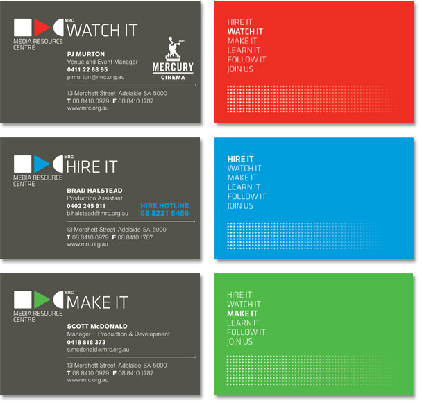 A series of 3 MRC business cards, in red, blue and green.