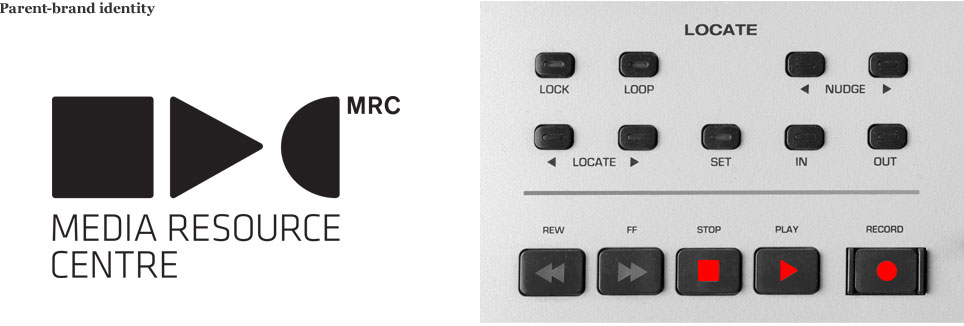 An image showing the MRC logo on the left and the origin of the logo, in the form of pause, play and record buttons, on the right.