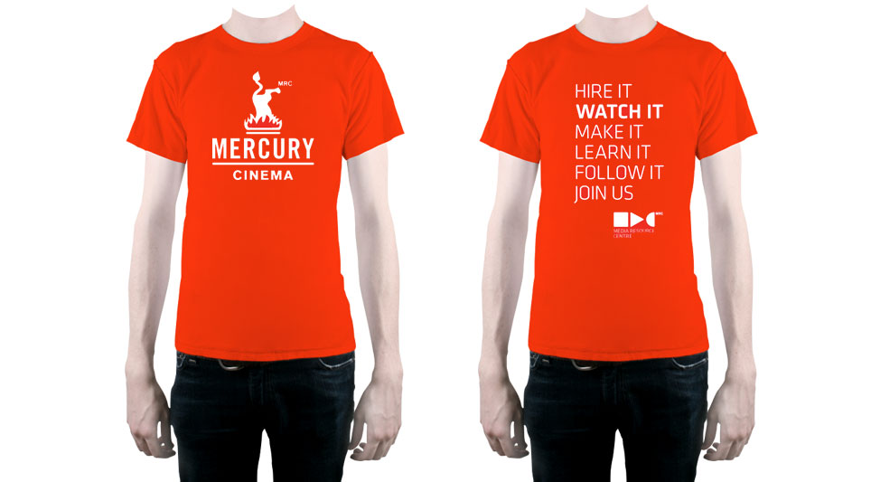 Shirt design for Mercury Cinema and MRC, on orange shirts.
