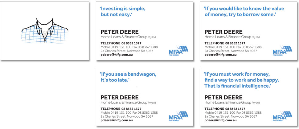 The Peter Deere business cards, each with different quotes.