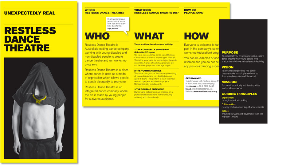 Designs of the Restless 3 fold brochure.