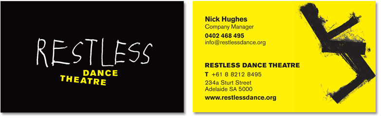 An example of the Restless business card, shown from both sides.
