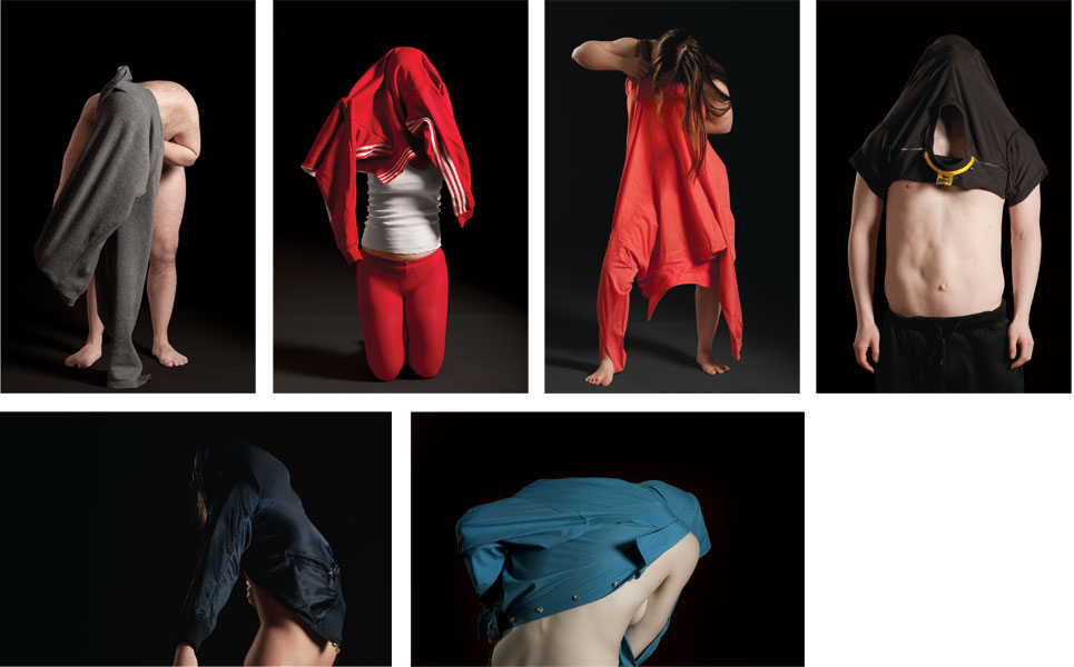 A series of Restless postcards. Each of them show one of the Restless performers covering their face, with varying levels of clothing.